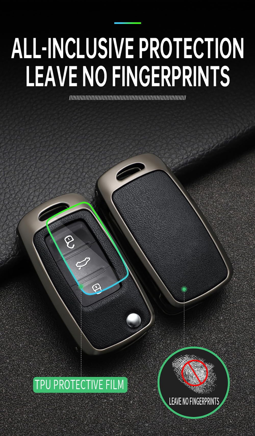 Metal Key Cover Leather Key Cover Fit for VW Flip Folding Key Fob Car Key Sleeve Key Jacket Fit for Volkswagen Jetta Tiguan Passat Polo Beetle Golf GTI/R/MK6 5 Santan Sharan Bora