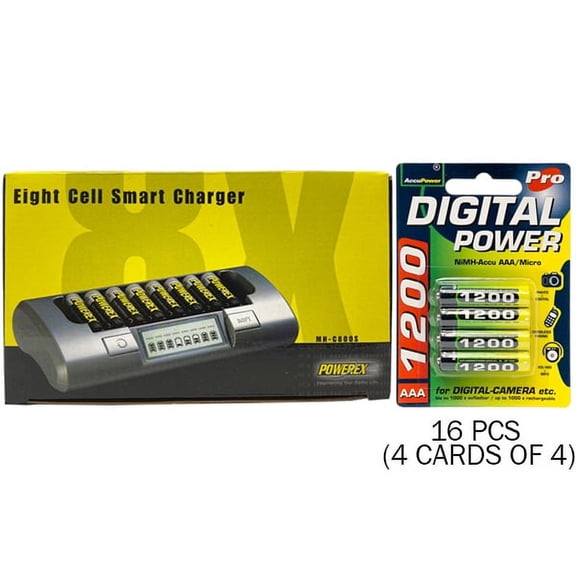 Powerex MH-C800S Eight Slot Smart Charger & 16 AAA NiMH AccuPower Micro Batteries (1200 mAh)