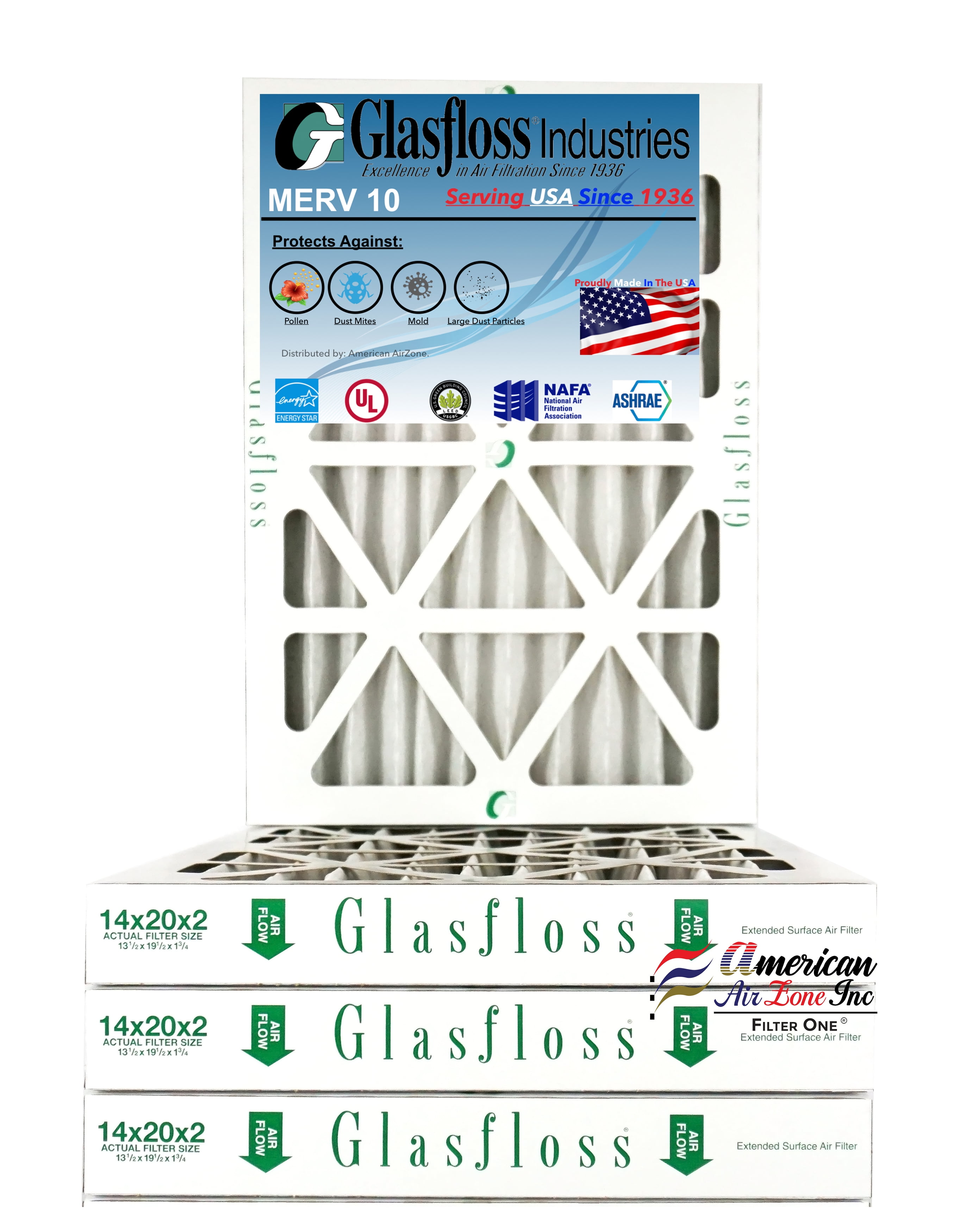 Glasfloss Air Filter 14x20x2 2" MERV 10 (Pack of 4) Pleated AC or