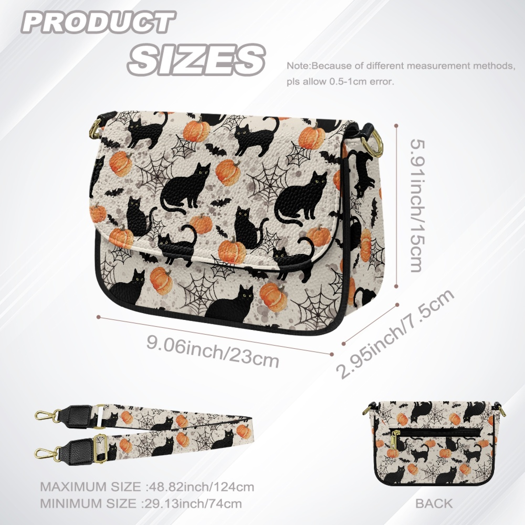 TSOVTHRID PU Leather Crossbody Bags for Women, Crossbody Purse with Adjustable Strap Zipped Pockets, Halloween Handbag Shoulder Bag, Black Cat Pumpkin Cobweb Bat Print