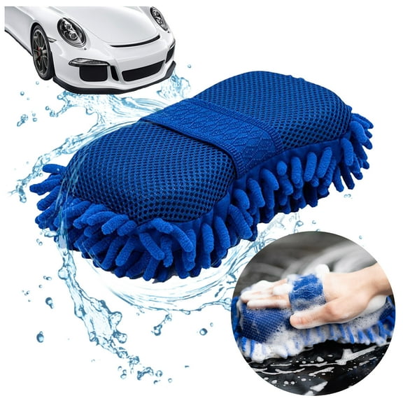 WANYNG Car Wash Sponge Mitt with Hand Strap Chenille Microfiber Scratch and Lint Free Car Wash Brush for Car Wash Supplies Blue