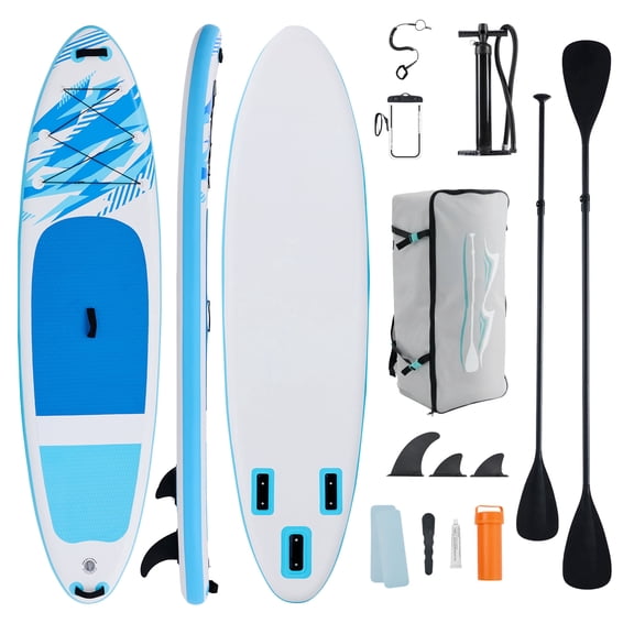 EDX 10.6 ft Inflatable Stand Up Paddle Board, 33" Wide SUP with Paddle, Pump, Fins, Leash & Carry Bag, Non-Slip Stable Board for Adults & Beginners, Blue White