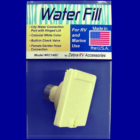 Zebra RV Fresh Water Inlet RC146C Used For RV And Marine Fresh Water System; Female Garden Hose Connection; With Hinged Lid; With Built-In Check Valve; Colonial White; With Retail Packaging