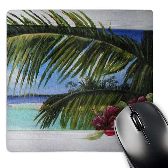3dRose, Island Scene Looking Through Window with Hibiscus Flowers and Palm Leaves on Textured Background, MousePad