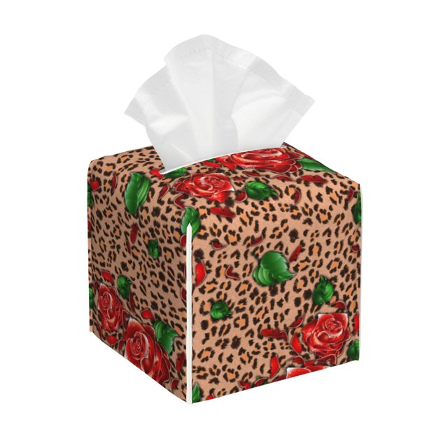 Fotbe Rose Mix Leopard 1 Porta Pañuelos Decorativo de Cuero, Caja Cuadrada Moderna para Pañuelos Faciales, Organizador y Dispensador 5x5x5''