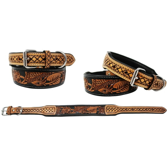 Medium 17''- 21''  Padded Leather Hand Crafted Tooled Dog Collar 60FK47