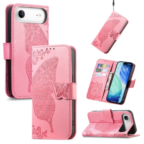 Feishell Wallet Case for iPhone Air with Hand Strap,Butterfly & Flower Embossed PU Leather TPU Inner Shell Magnetic Flip Stand Card Slots Shockproof Protective Phone Cover,Pink