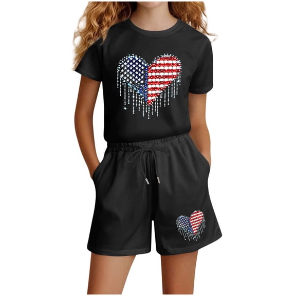 SELONE Girls Short Sets Two Piece 4th of July Big Kids Outfits Short Sleeve Tops Red White and Blue Clothing
