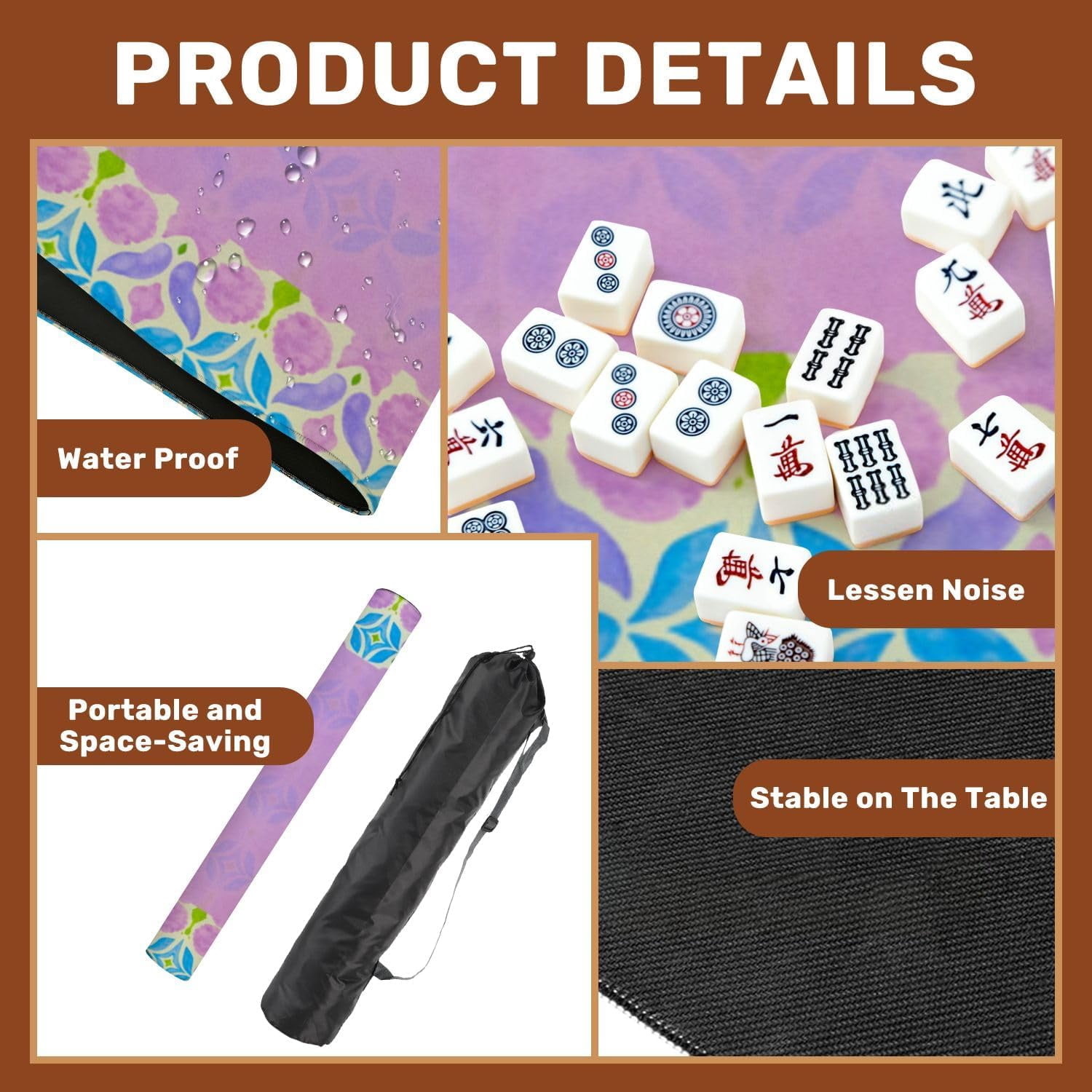 Mahjong Mat with Carrying Bag 31.5" x 31.5" Non-Slip Noise Reduction Purple Blue Floral Bird Central Blank Space Table Mat for Mahjong Poker Dominoes Card Board Tile Games