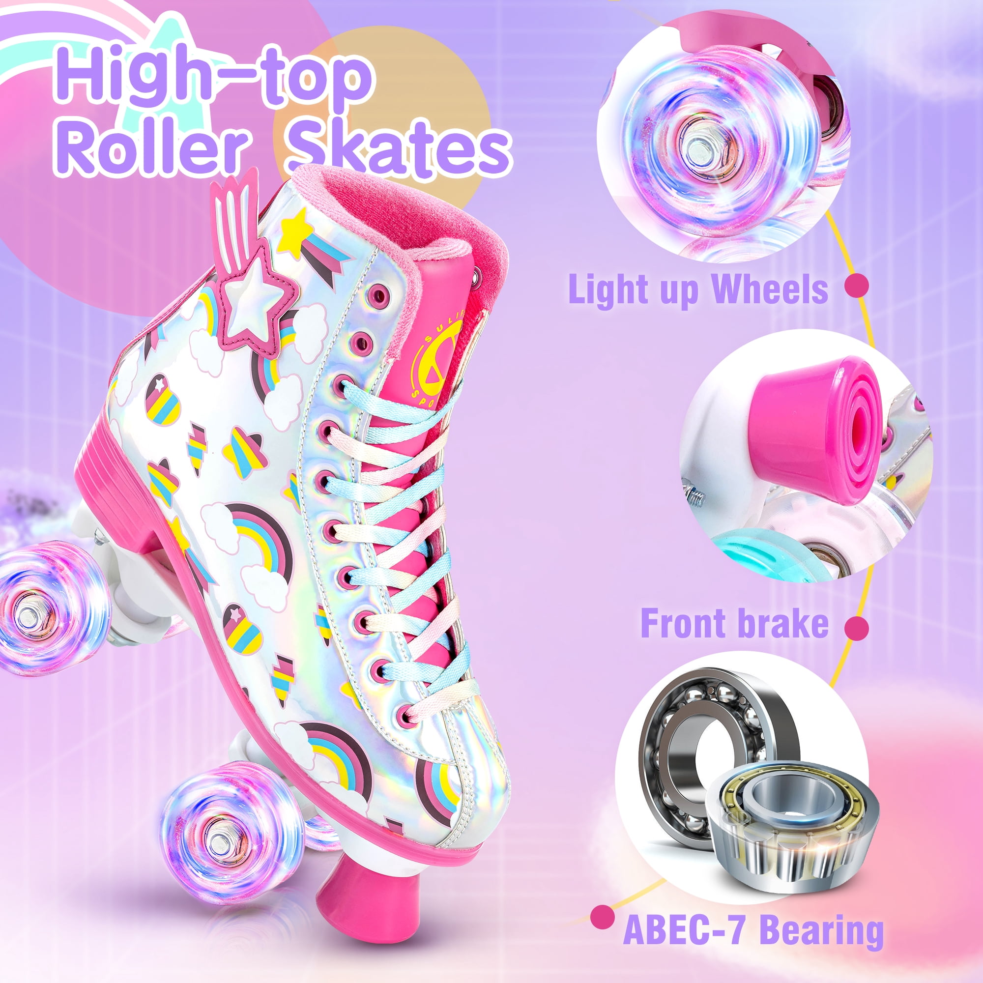 Roller Skates for Girls Light up Wheels Kids with High Top Reflective TPU Leather Rainbow Rainbow