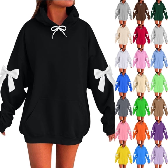 Otntypg Lightweight Hoodies for Women Cute Bowknot Long Sleeve Drawstring Hooded Pullover Tops Trendy Fall Oversized Basic Athletic Sweatshirts with Pockets Black S