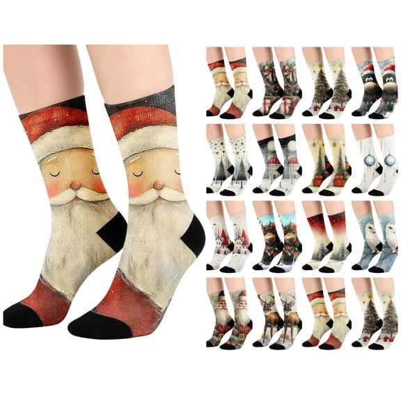 FAIOROI Christmas Socks for Women Cute Vintage Xmas Print Mid Calf Crew Sock Soft Cozy Festive Holiday Novelty