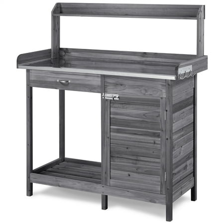 Yaheetech Outdoor Garden Potting Bench Table Work Bench Metal Tabletop W/Cabinet, Gray
