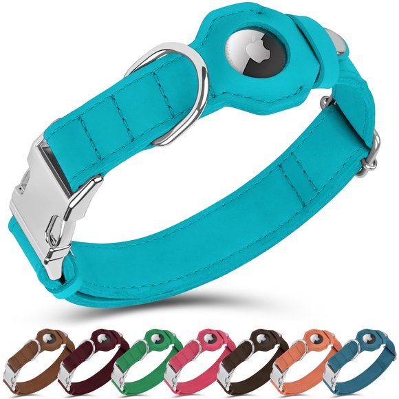 BUDKAS Leather Dog Collar with Airtag Holder - Non Breakaway Soft Adjustable Airtag Dog Collar with Metal Buckle - GPS Tracking Pet Collar for Small Dogs Puppy Cat (Aquamarine, XXS, 8"-11" Neck Fit)