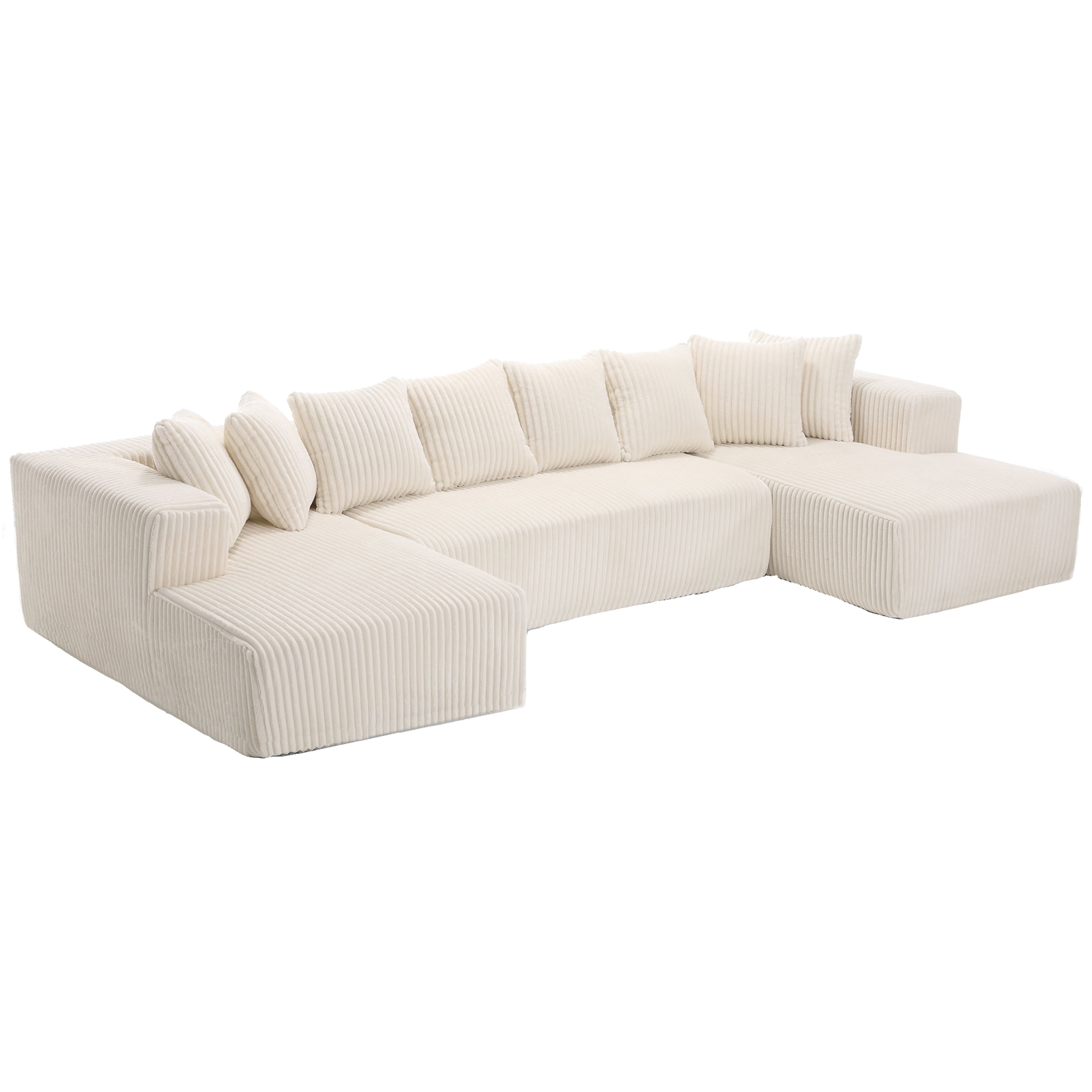 SEENYOO 130" Boneless Couch, Modern Couches for Living Room, U-Shaped 4-Seat Modular Sofa with Chaise, Oversized, No Assembly, White