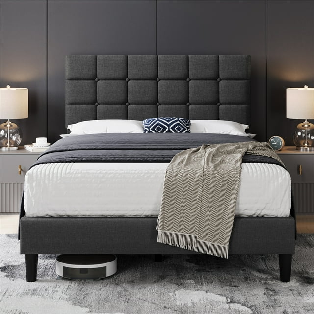 Yaheetech Lit Plateforme Moderne Rembourré avec Tête de Lit Capitonnée Carrée, Grand Lit, Gris Foncé