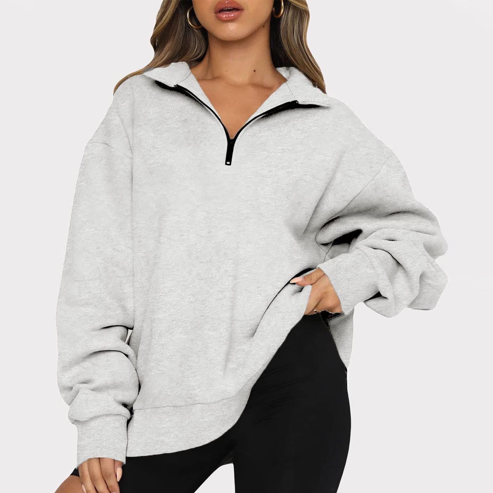 LSLJS Womens Half Zip Sweatshirt Oversized Long Sleeve Collar Drop Shoulder Solid 1 4 Zipper Pullover Jacket Women s Pullover Sweaters Gray L Walmart