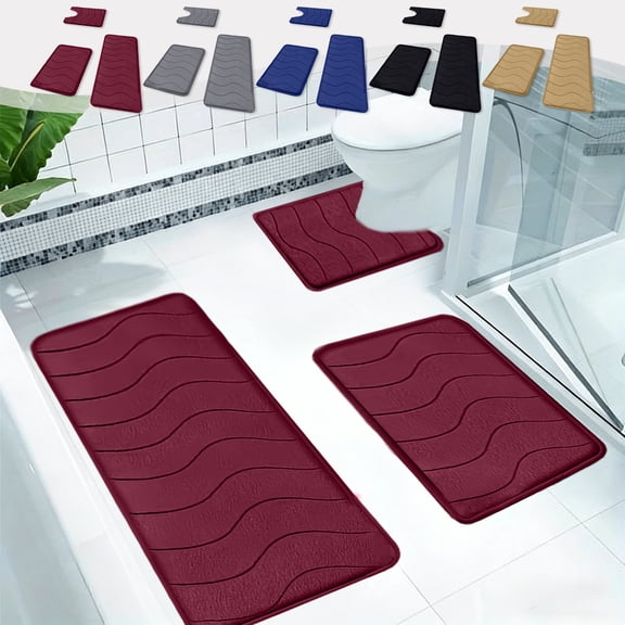 Fwttom 3pcs Bathroom Rugs Non Slip Washable, Thickened Soft Plush Bath Mat Set - Non Slip Odorless Absorbent Bath Matt, Rubber Back Bath Mats for Bathroom Floor Toilet Door Mat Washable