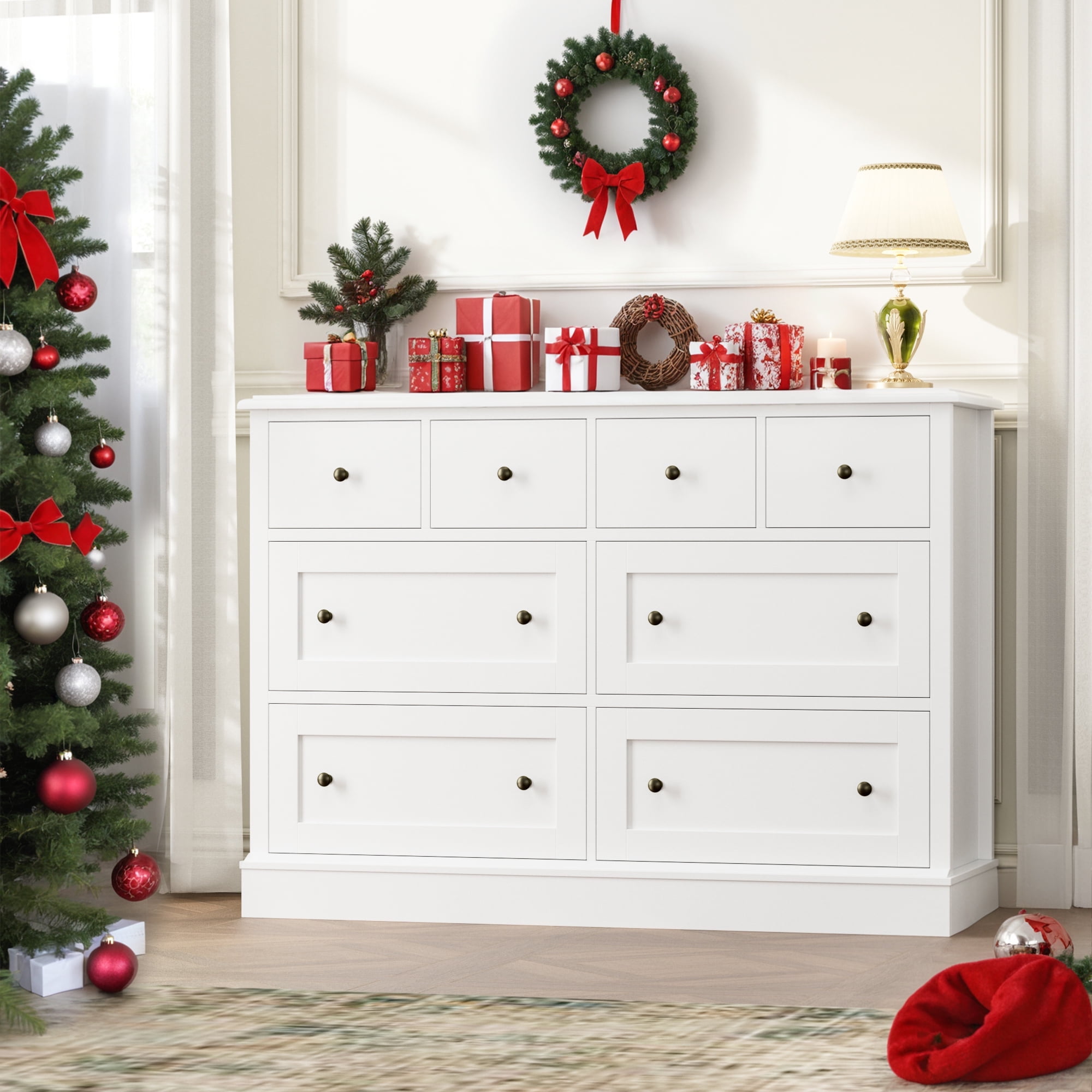 Homfa 8 Drawer Horizontal Combo Dresser for Bedroom, Modern White Chest of Drawers Wood Storage Cabinet for Living Room