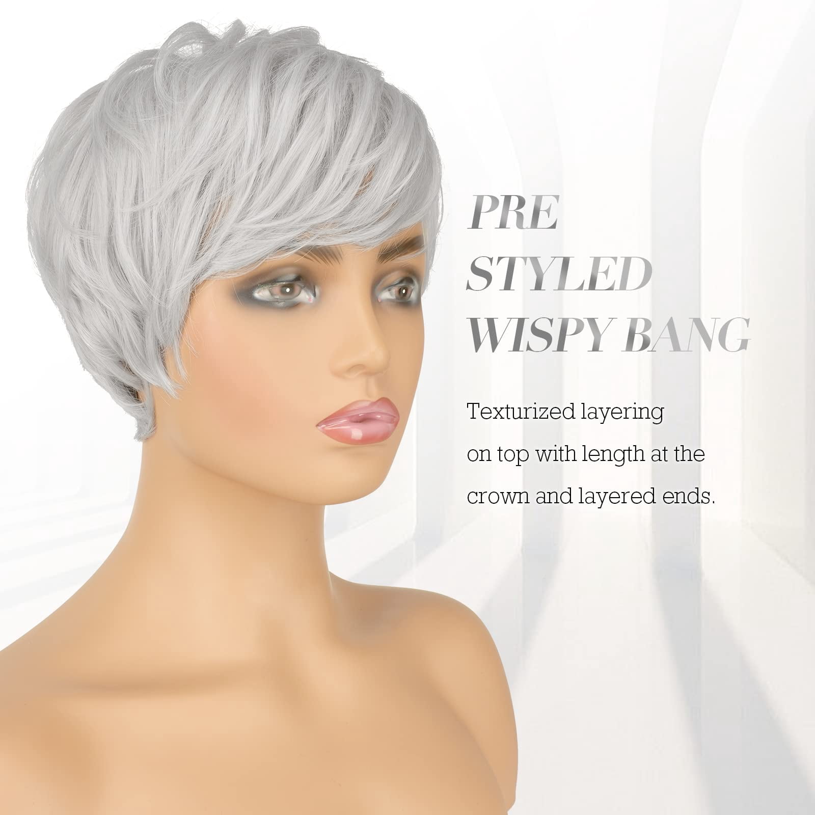 Layered Pixie Cut Wigs Synthetic Short Ombre Gray Wavy Grey to Black Glueless Wig for Women with Bangs