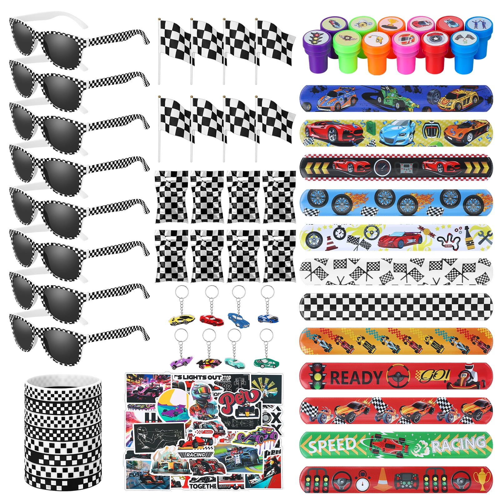 sixwipe 107 Pcs Race Car Party Favors Set, Car Themed Birthday Party Decorations, Goodie Bag Stuffer Pinata Filler with Racing Glasses and Flags, Cars Themed Favors for Wheel Birthday Decor