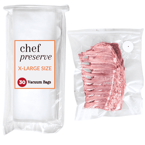 Chef Preserve Reusable Vacuum Sealer Bags for Food – 30 BPA-Free XL Large (12 x 20 in) Food Storage Bags, Freezer, Microwave – Odor-Resistant, Leak-Proof – Compatible with Chef Preserve Vacuum Sealer