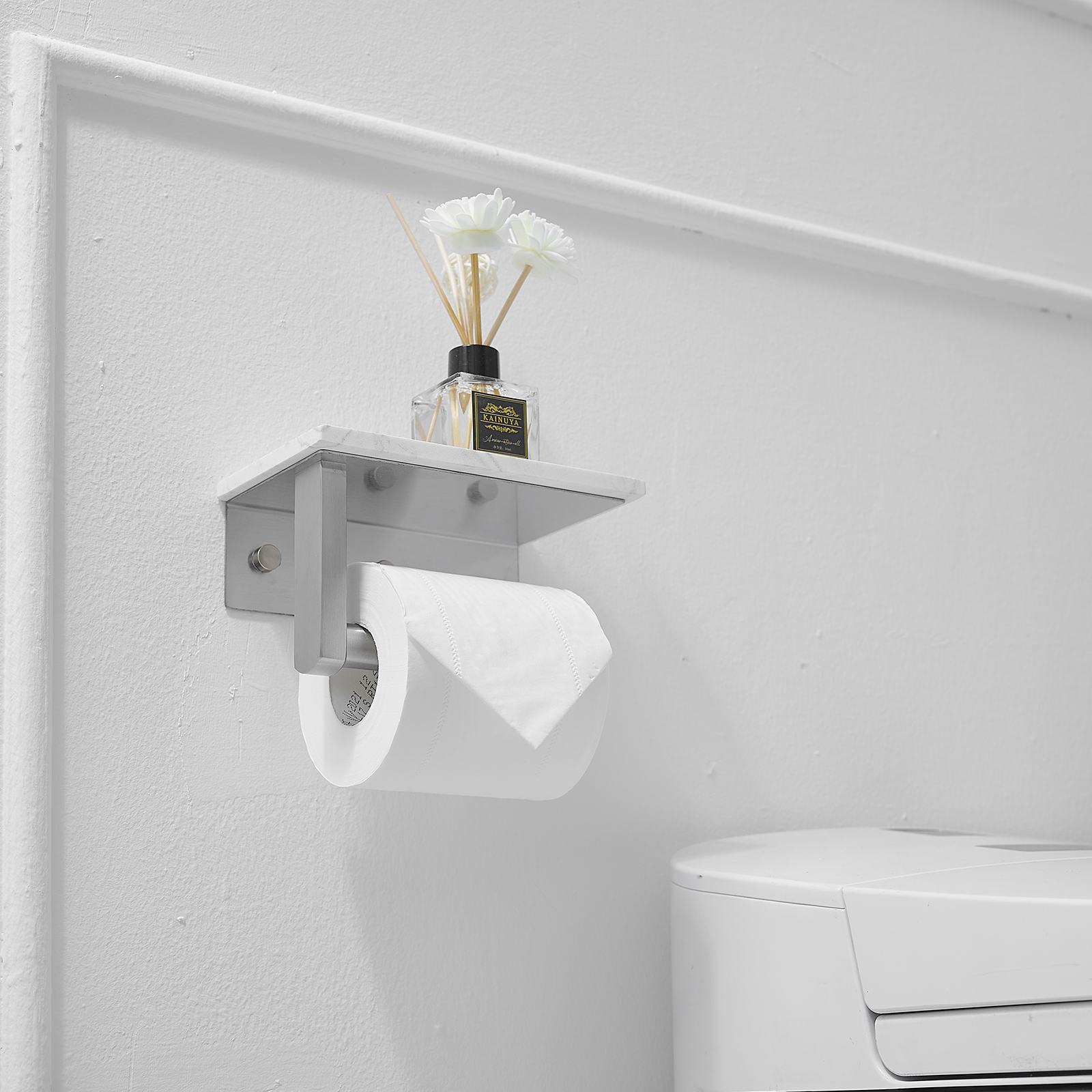 Wall Mount Toilet Paper Holder With Natural Marble Shelf Tissue Storage Holder In Brushed Nickel