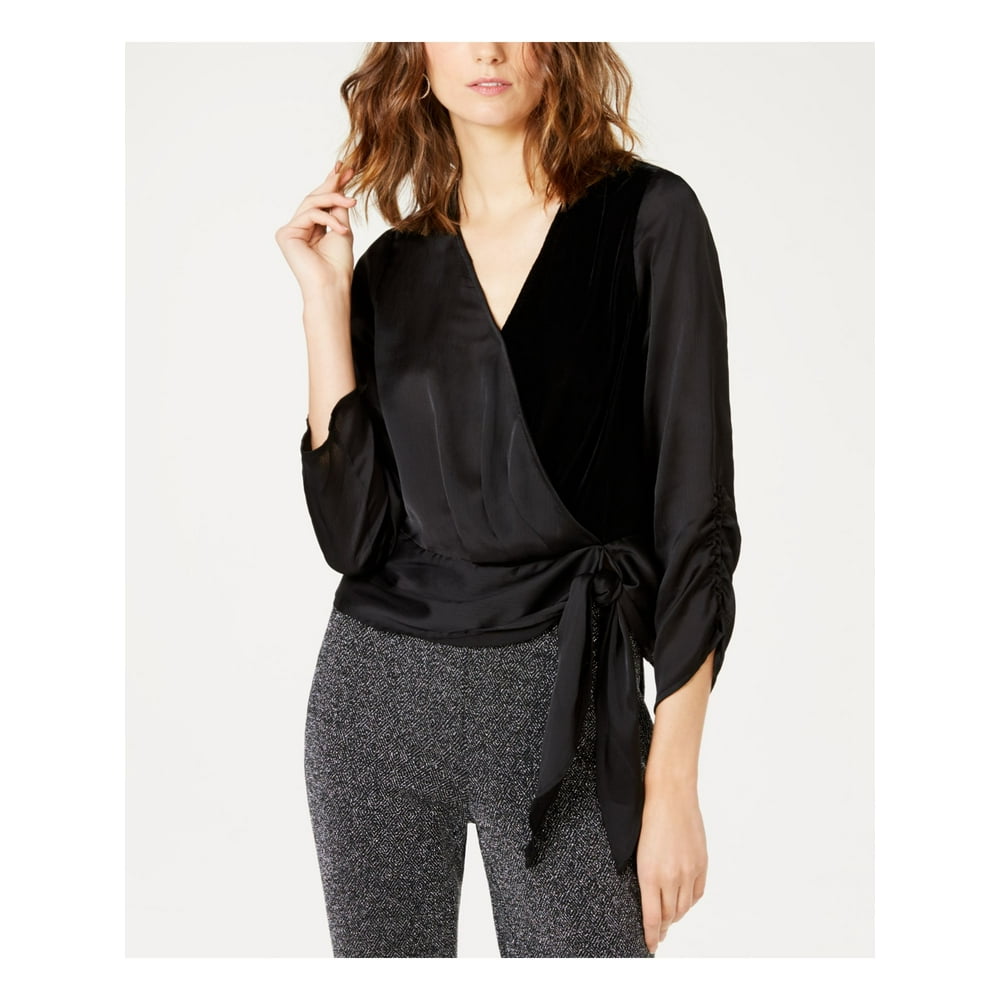 INC INC Womens Black Ruched Velvet 3/4 Sleeve V Neck Wrap Top Size