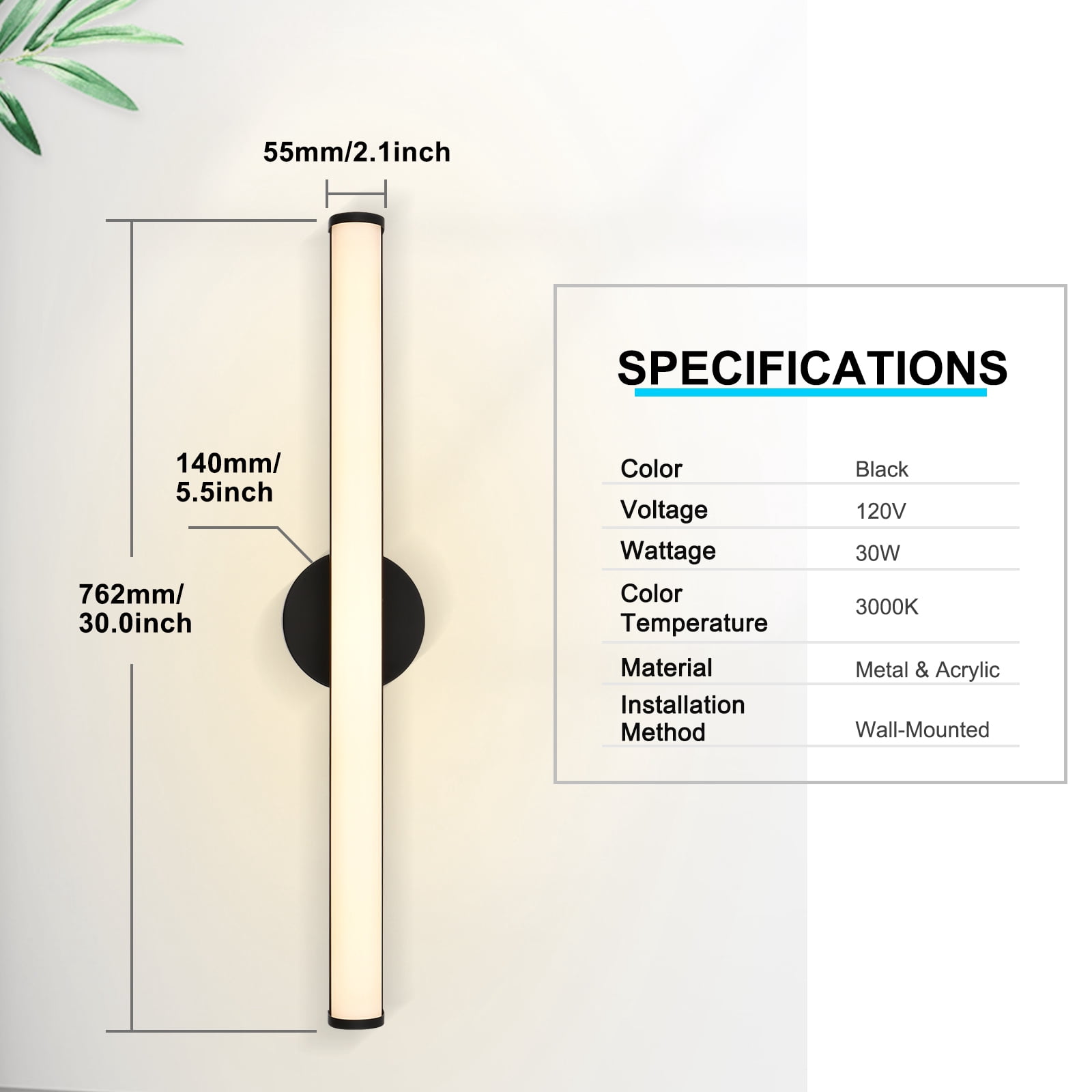Melucee Bathroom Vanity Light Bar 30 Inch Black Bathroom Light Fixtures Over Mirror Integrated LED Modern Bath Wall Lighting Fixture