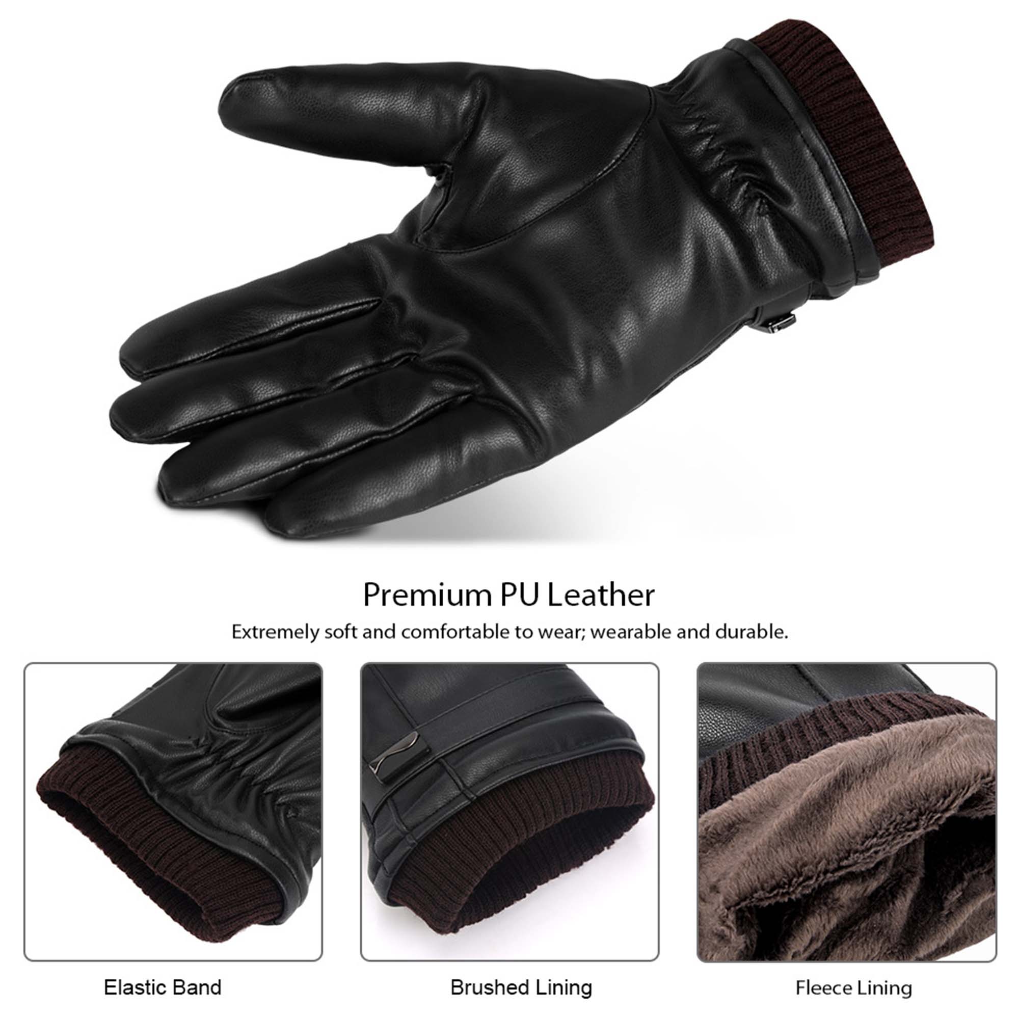 Winter Gloves for Men Windproof Men PU Leather Gloves, Warm Anti-slip Touchscreen Gloves Cold Weather Gloves for Hiking Cycling Skiing Running, Black & L - image 5 of 9
