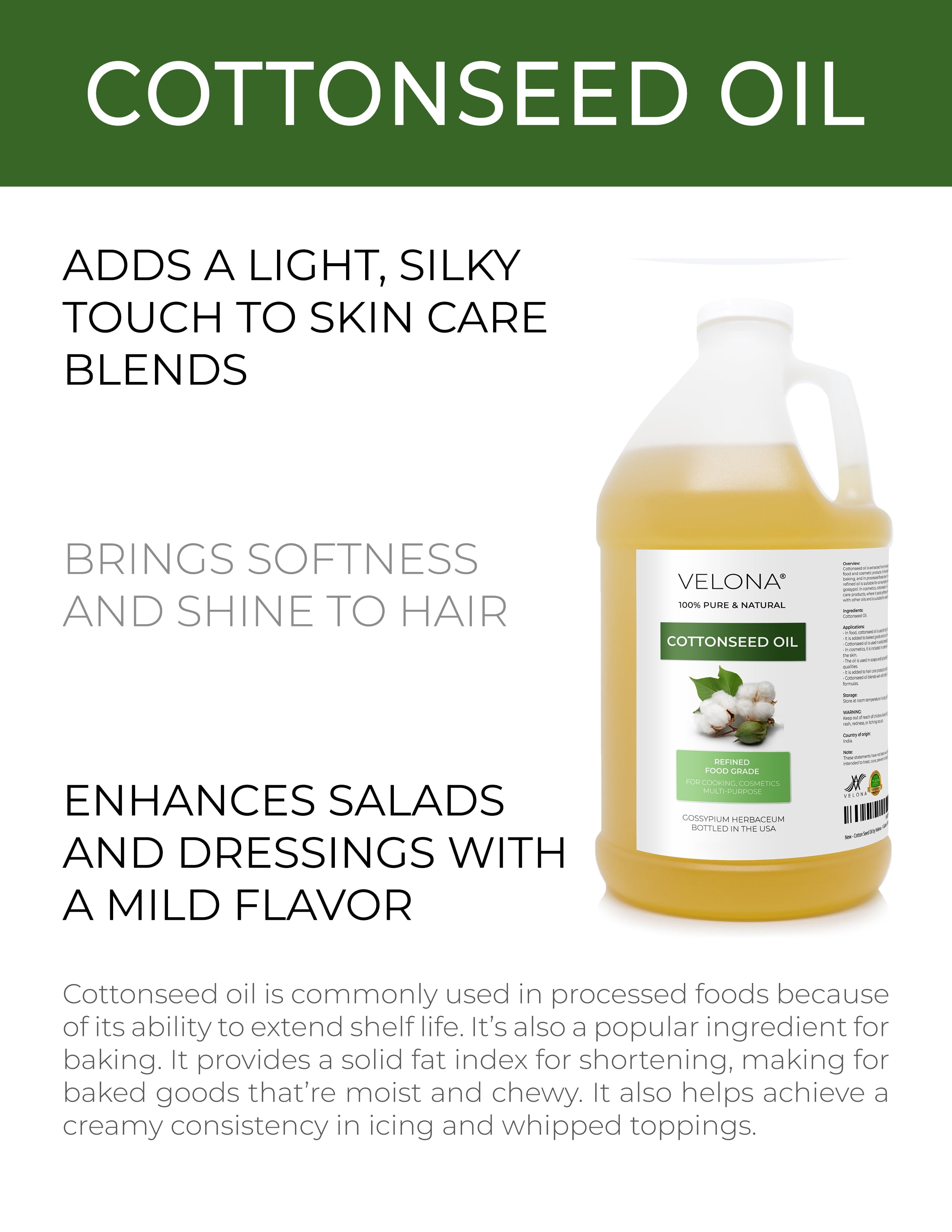 Velona Cottonseed Oil - 64 oz | 100% Pure and Natural Carrier Oil | Refined, Cold pressed | Cooking, Skin, Face, Body, Hair Care