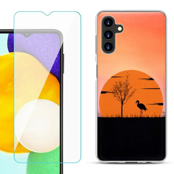 Slim-Fit TPU Fashion Phone Case for Samsung Galaxy A13 5G, with Tempered Glass Screen Protector, by OneToughShield ® - Sunset Flamingo