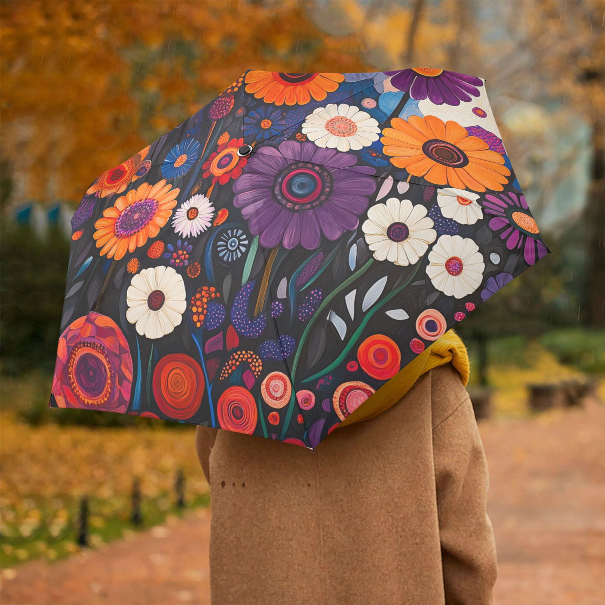 FORMRS Travel Umbrella Folding Auto Open Close Windproof Rain UV Protection, Purple Flowers