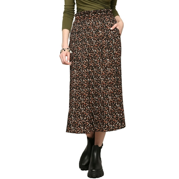 Made by Johnny Women's High Waist Polka Dot Pleated Skirt Midi Swing Skirt with Pockets L NAVY_ORANGE