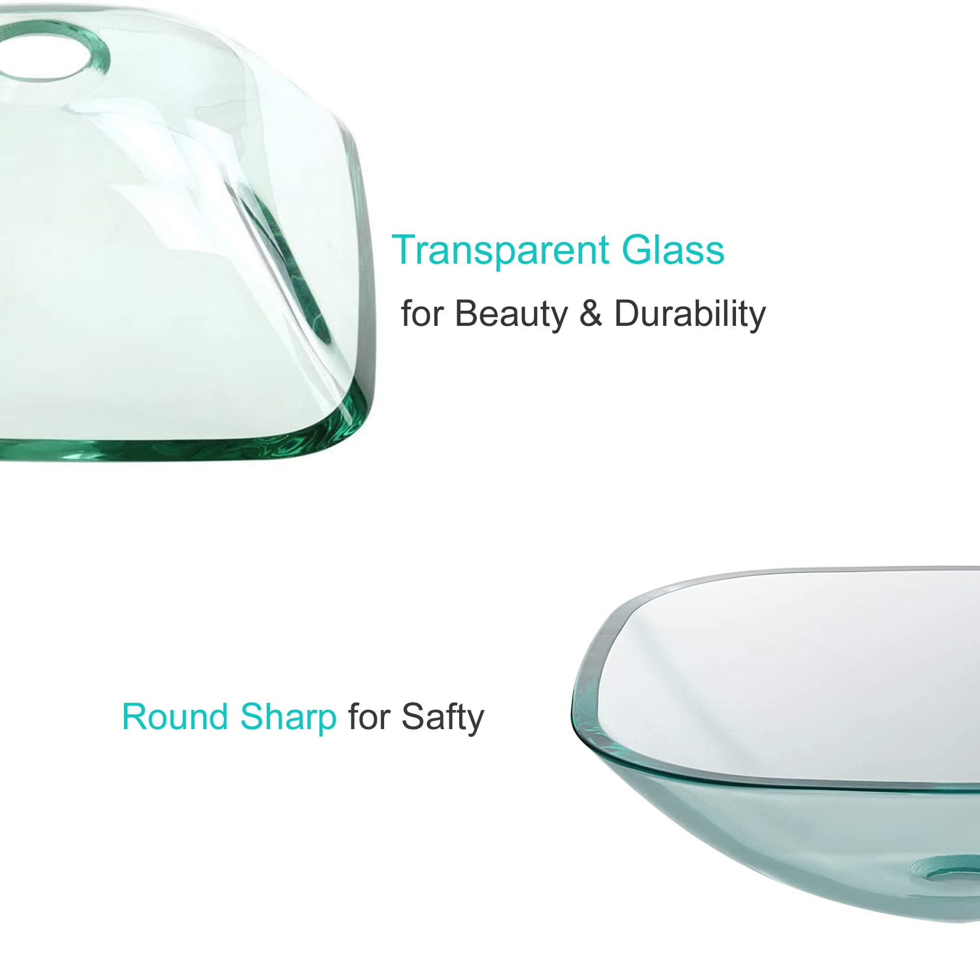 Aquaterior Bathroom Tempered Glass Vessel Sink Natural Clear Square Shape Transparent Basin