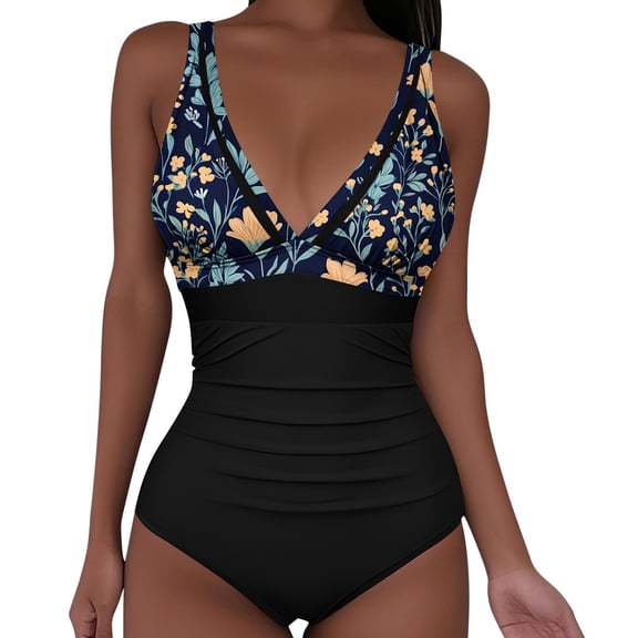 Mifsaly One Piece Swimsuit for Women Tummy Control V Neck Mesh Monokini Elegant Slim Fit Ruched Bathing Suits Summer Beach Vacation Swimwear M
