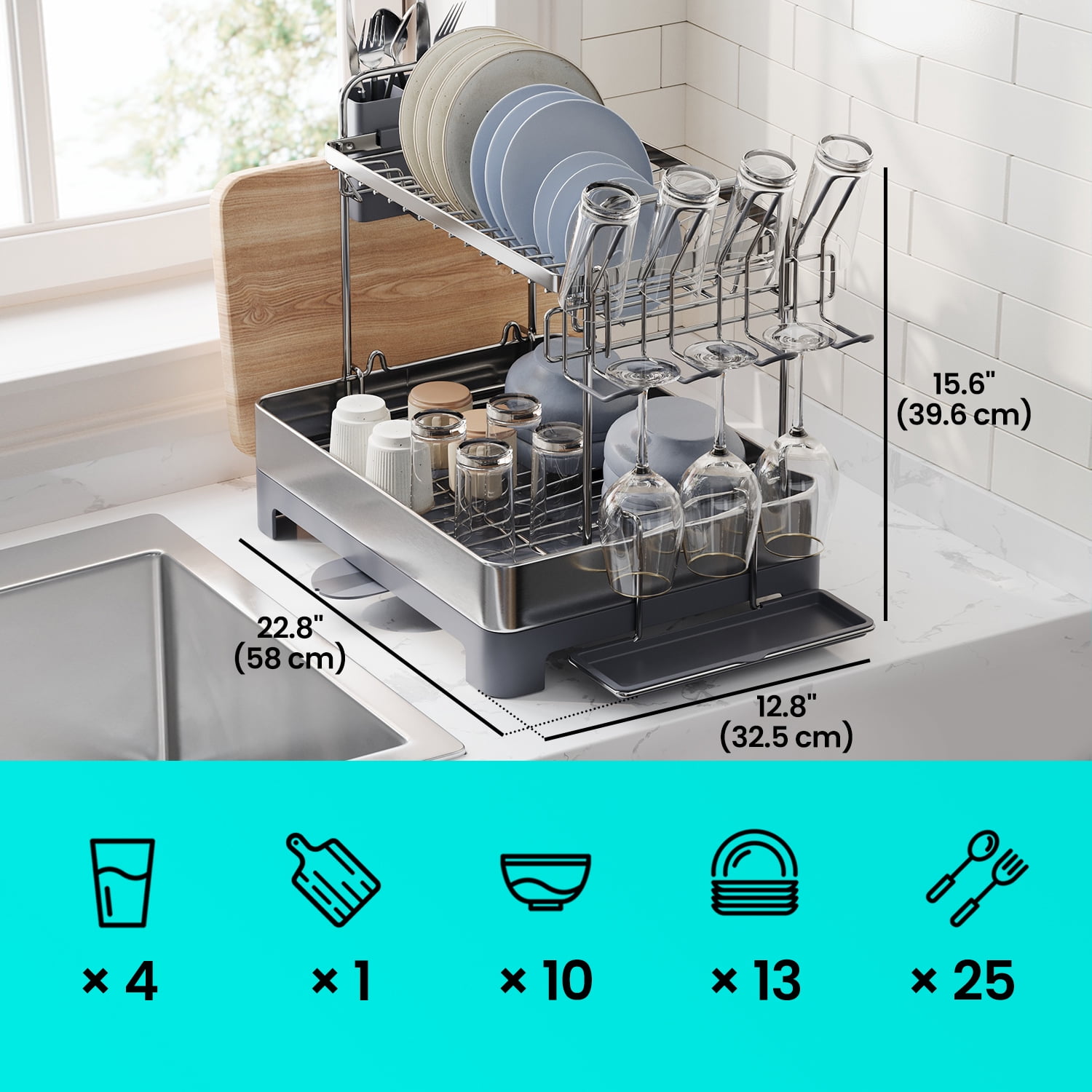LEDREM 2-Tier Stainless Steel Dish Rack - Space Saving Design with Rotating Spout, Complete Drying System, Utensil & Glass Holders, Silver and Gray