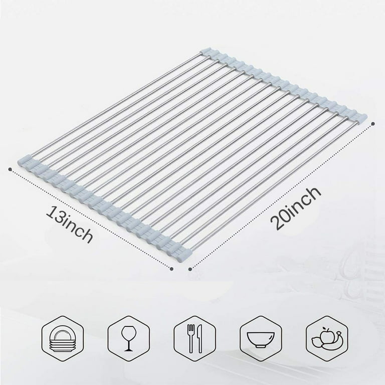 Roll Up Dish Drying Rack Over The Sink - Kitchen Multi-Purpose Rollable  Foldable Stainless Steel Drainer Mat for Dishes Fruits Vegetables  Organization 