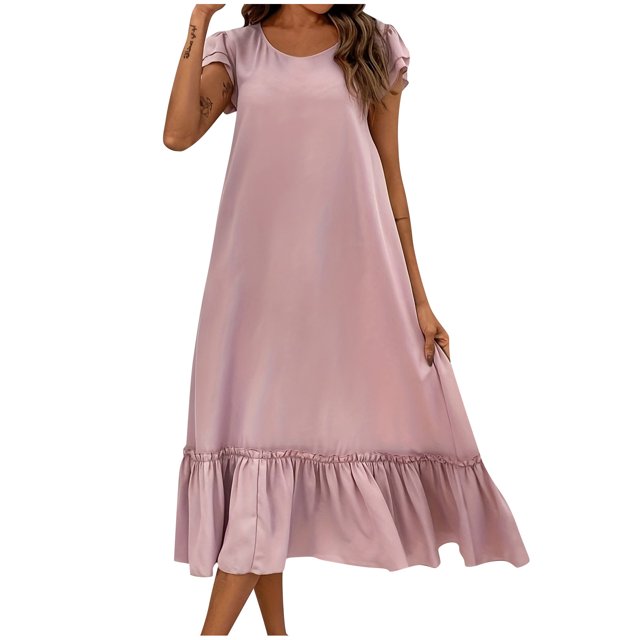 Birdeem Robes pour Femmes Mode Confort Couleur Unie Cravate Manches Courtes Irrégulières Col Rabattu