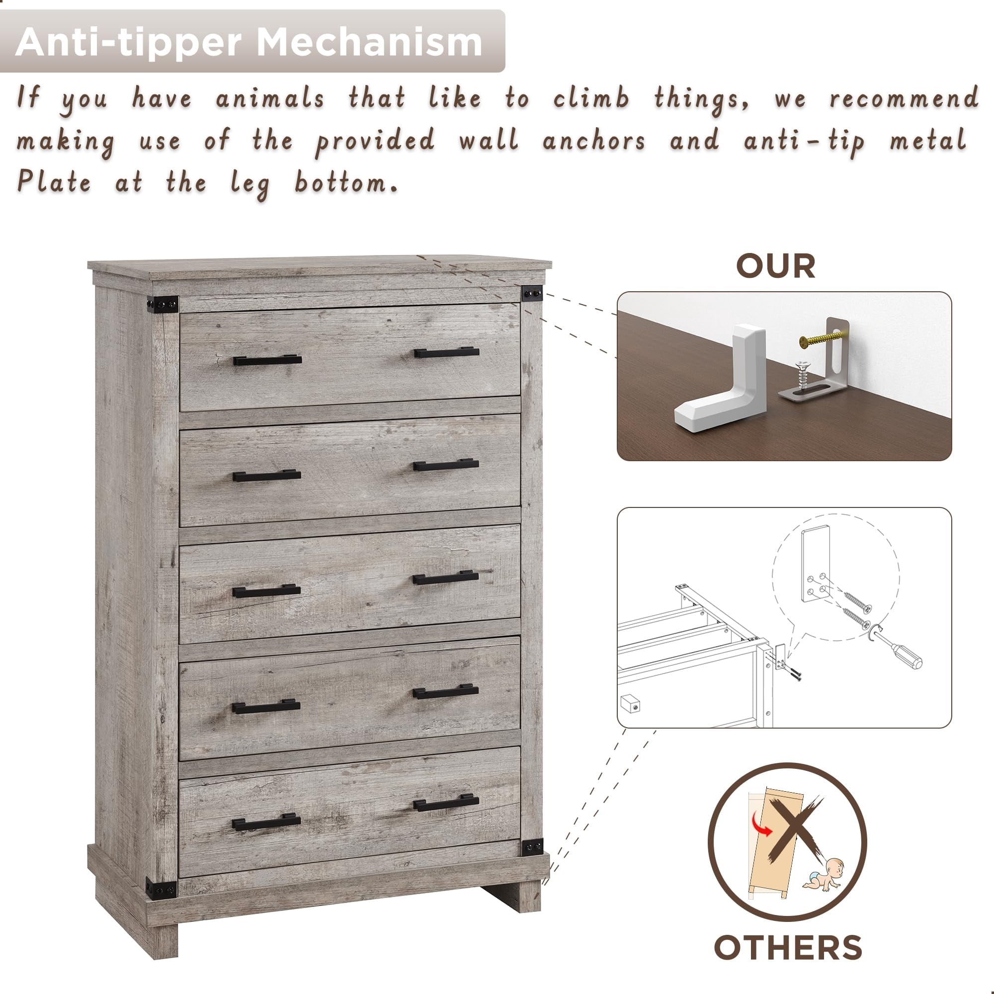 OKD Farmhouse 5 Drawers Dresser for Bedroom, Tall Chest of Drawers with Thick Plank Styling, Wood Rustic Closet Dresser for Bedroom, Living Room, Light Rustic Oak Color