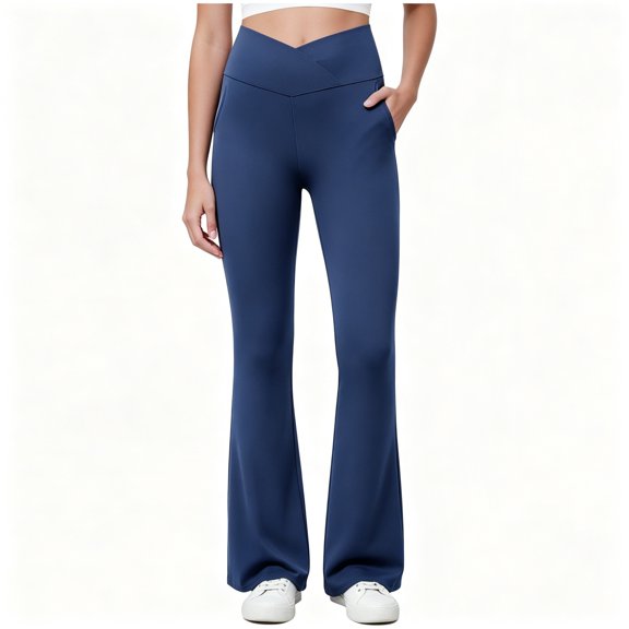 BCSIOAOI Girls Pants,Cross V High Waist Stretch Flared Yoga Pants with Pockets Dark Blue 9-10 Years