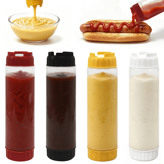 Condiment Squeeze Bottles, 4-Pack 16 oz Plastic Dispenser Bottles with Multi-Color Lids for Sauces, 8.7-inch Tall Leak-Proof Kit