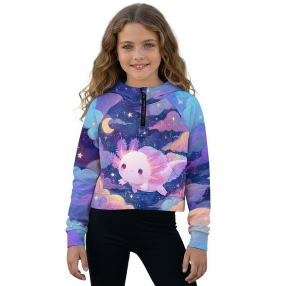 Xixirimido Gaalxy Axolotl Pattern Girls Half Zip Sweatshirt Hooded Pullover for Teen Long Sleeve Hoodie Crop Tops with Pocket Fall Winter Clothes Size 9-10