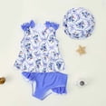 thumbnail image 4 of hengsof Toddler Girl Summer Swimsuit Children's Sweet Bow Shoulder Strap Printed Ruffle Beach Swimsuit Swim Trunks Hat Three Piece Set, 4 of 8