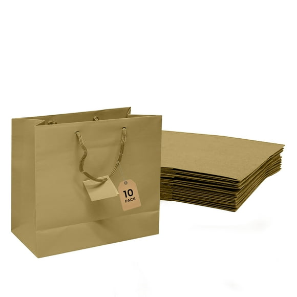 Novel Box Gold Gift Bags with Handles 10 Pack 9.25x3.75x7.25 Inches Wide Paper Bulk Gift Bags for Business, Shopping, Birthday, Party Favor - Euro Tote Paper Bag for Groceries & Personal Use