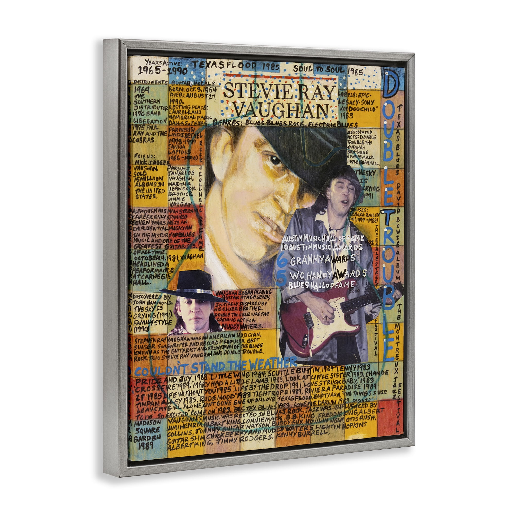 Stupell Industries Stevie Ray Vaughan Collage People Drawing Gray Floater Framed Canvas Art Print Wall Art, 17 x 21