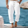 thumbnail image 2 of OSOLU Men's Autumn Beach Pants Solid Color Cott On Linen Loose Drawstring Button Casual Pants Men Trousers Everyday Comfort Versatile Bottoms, 2 of 9