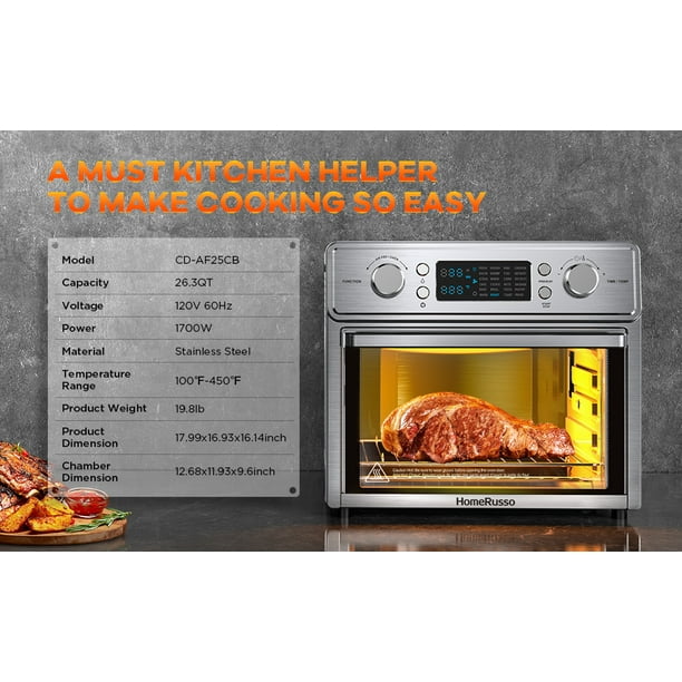 HomeRusso 25L/26.3QT Air Fryer Oven, 24-in-1 Air Fryer Toaster Oven  Stainless Steel Convection Oven Countertop Combo with 10 Accessories, 1700W  