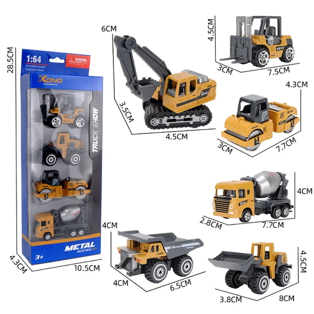 Vehículos de construcción Metal Plástico Excavadora Coche de juguete para niños a partir de 3 años, Set de regalo 6 piezas