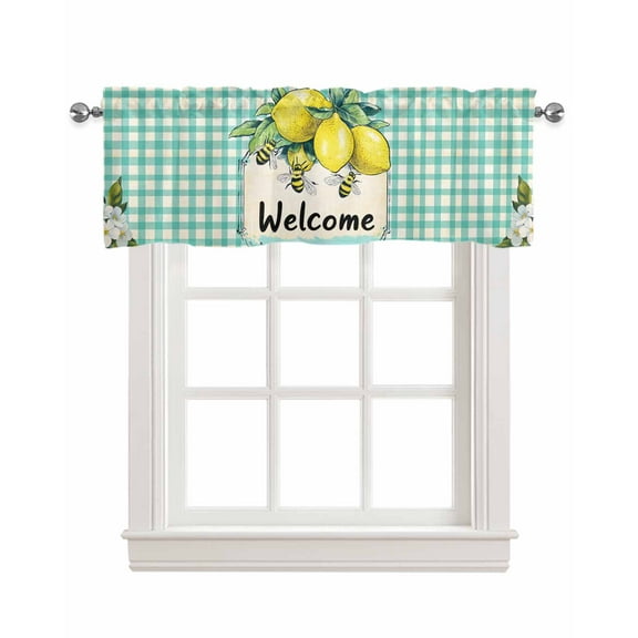 Summer Lemon Kitchen Valances for Windows Farmhouse Linen Window Valance Curtain for Living Room Window Treatment Spring Bees Turquoise Plaid Valance Rod Pocket Topper Drape, 42 x 12 Inch